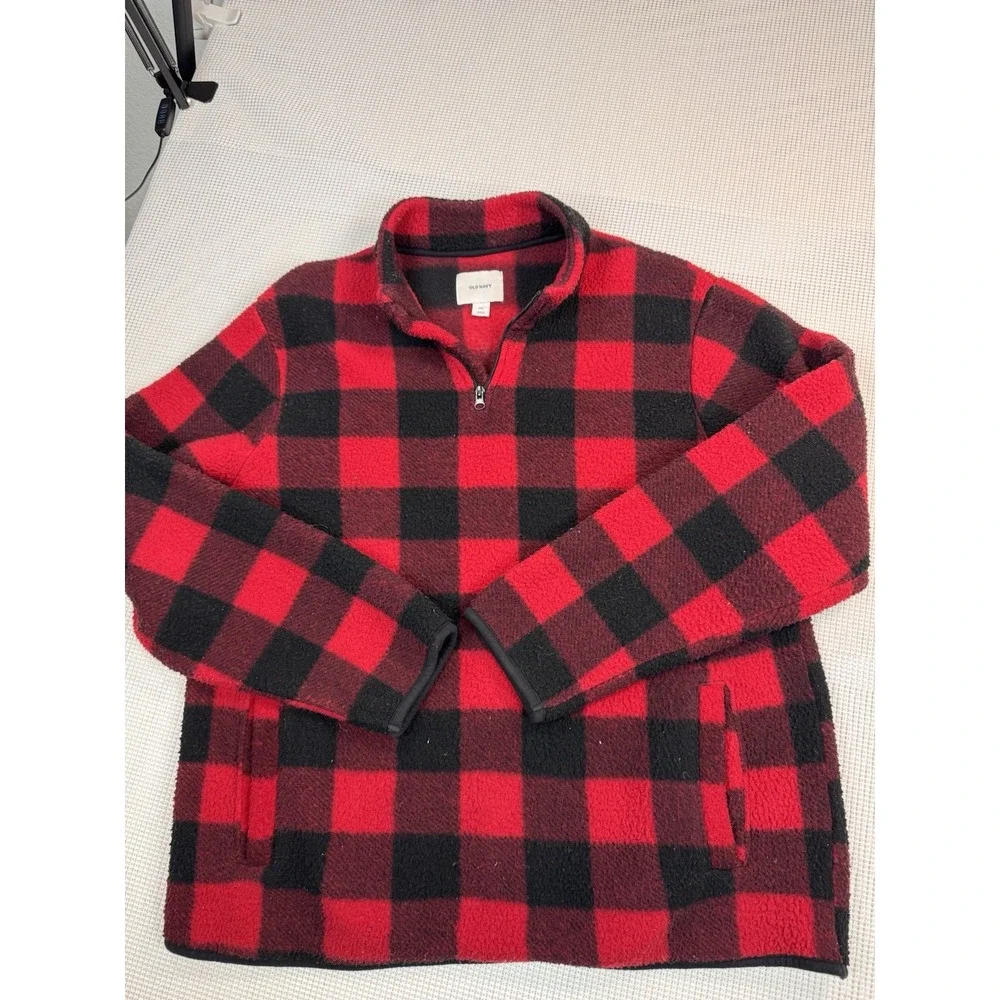 Old Navy Buffalo Plaid Fleece Pullover Mens XXL Red Black 1/4 Zip Sweater
